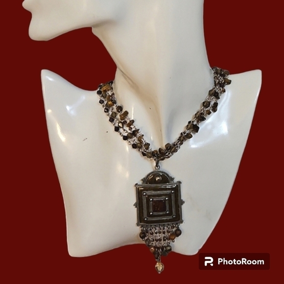 Treska Jewelry - TRESKA Multi-chain Tiger Eye Ethnic Pendant Castlecore Choker Necklace